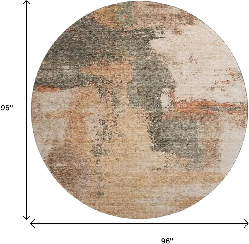 8' Terra Cotta Beige And Sage Abstract Washable Round Rug With UV Protection Photo 9