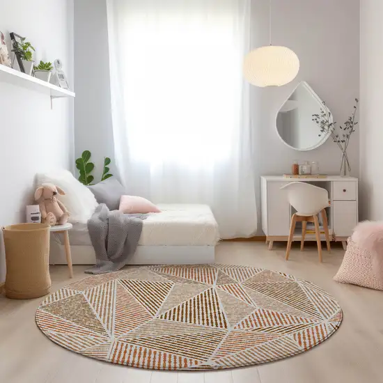 8' Terra Cotta Beige And Salmon Round Geometric Washable Indoor Outdoor Area Rug Photo 7