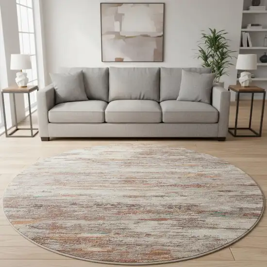 8' Terra Cotta Beige And Teal Abstract Washable Round Rug With UV Protection Photo 2