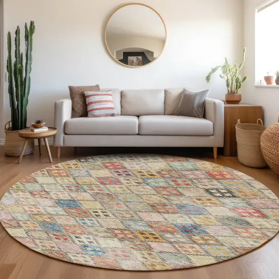 8' Terra Cotta Beige And Teal Blue Round Geometric Washable Indoor Outdoor Area Rug Photo 9