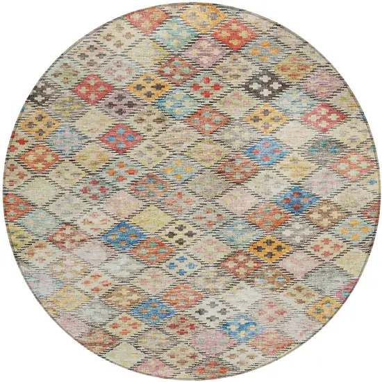 8' Terra Cotta Beige And Teal Blue Round Geometric Washable Indoor Outdoor Area Rug Photo 2