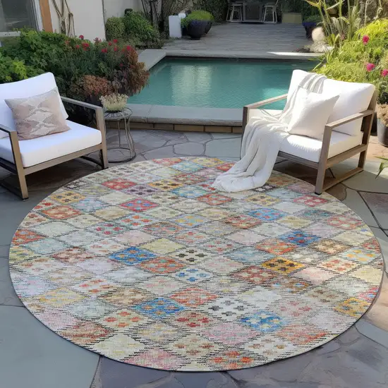 8' Terra Cotta Beige And Teal Blue Round Geometric Washable Indoor Outdoor Area Rug Photo 8