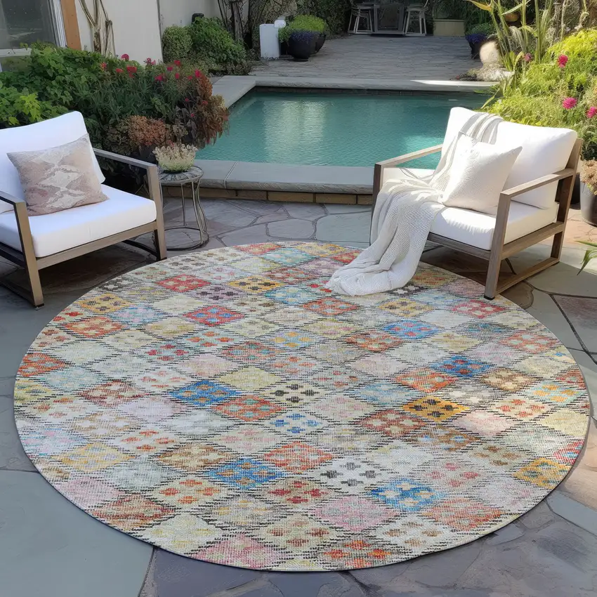 8' Terra Cotta Beige And Teal Blue Round Geometric Washable Indoor Outdoor Area Rug Photo 8
