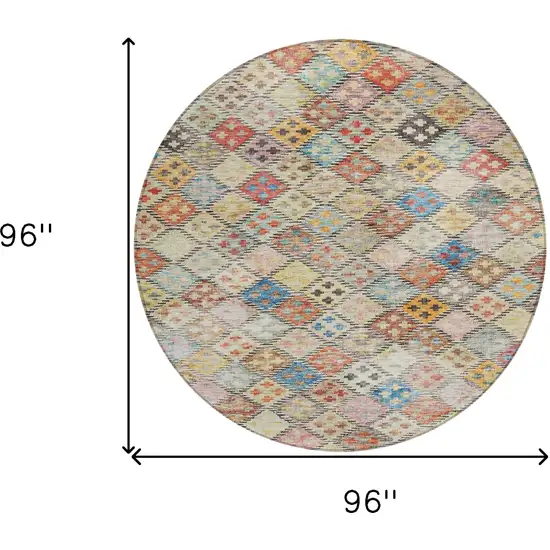 8' Terra Cotta Beige And Teal Blue Round Geometric Washable Indoor Outdoor Area Rug Photo 8
