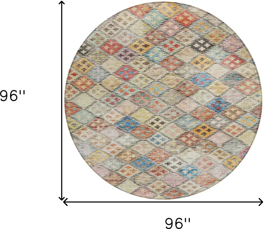 8' Terra Cotta Beige And Teal Blue Round Geometric Washable Indoor Outdoor Area Rug Photo 8