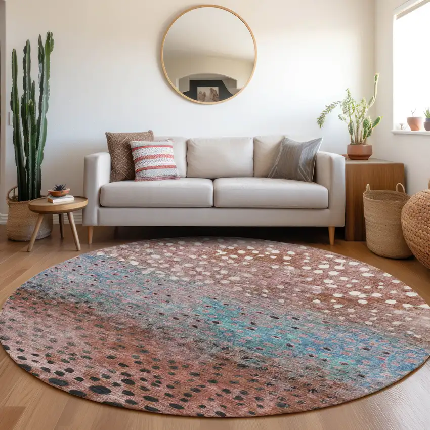 8' Terra Cotta Blue And Black Round Abstract Washable Indoor Outdoor Area Rug Photo 8