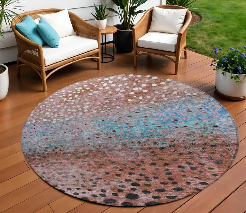 8' Terra Cotta Blue And Black Round Abstract Washable Indoor Outdoor Area Rug Photo 1