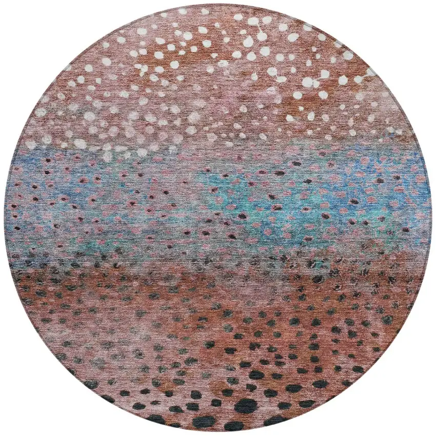 8' Terra Cotta Blue And Black Round Abstract Washable Indoor Outdoor Area Rug Photo 6