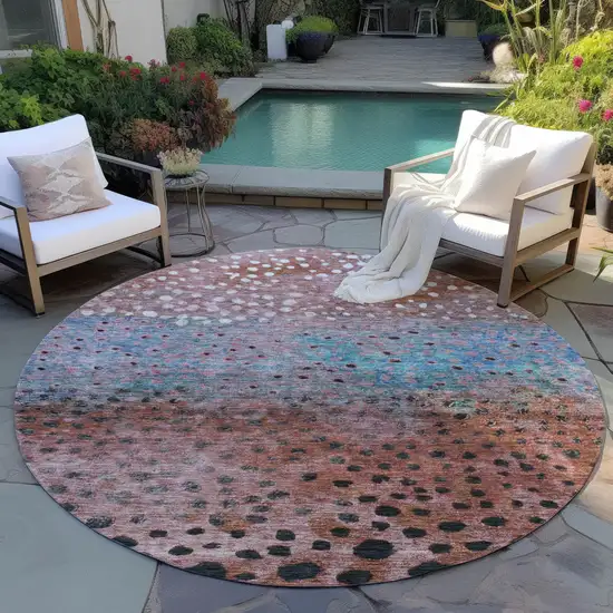 8' Terra Cotta Blue And Black Round Abstract Washable Indoor Outdoor Area Rug Photo 7