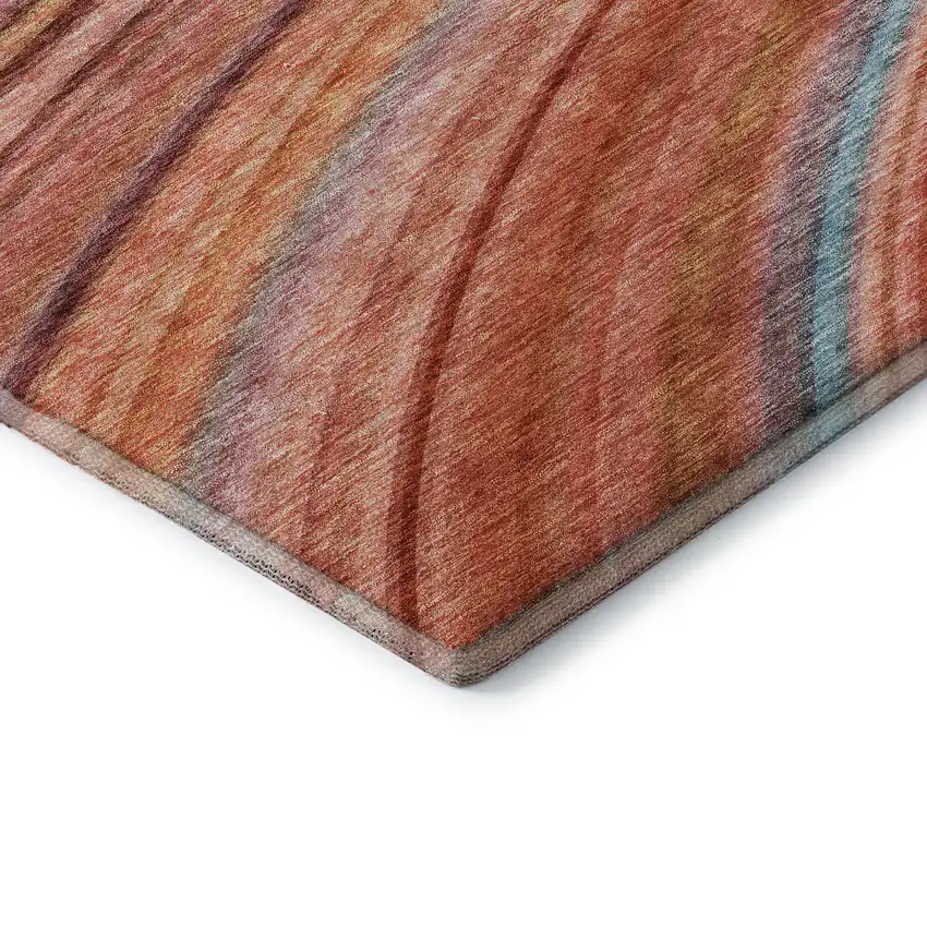 8' Terra Cotta Blue And Ivory Striped Washable Round Rug With UV Protection Photo 7