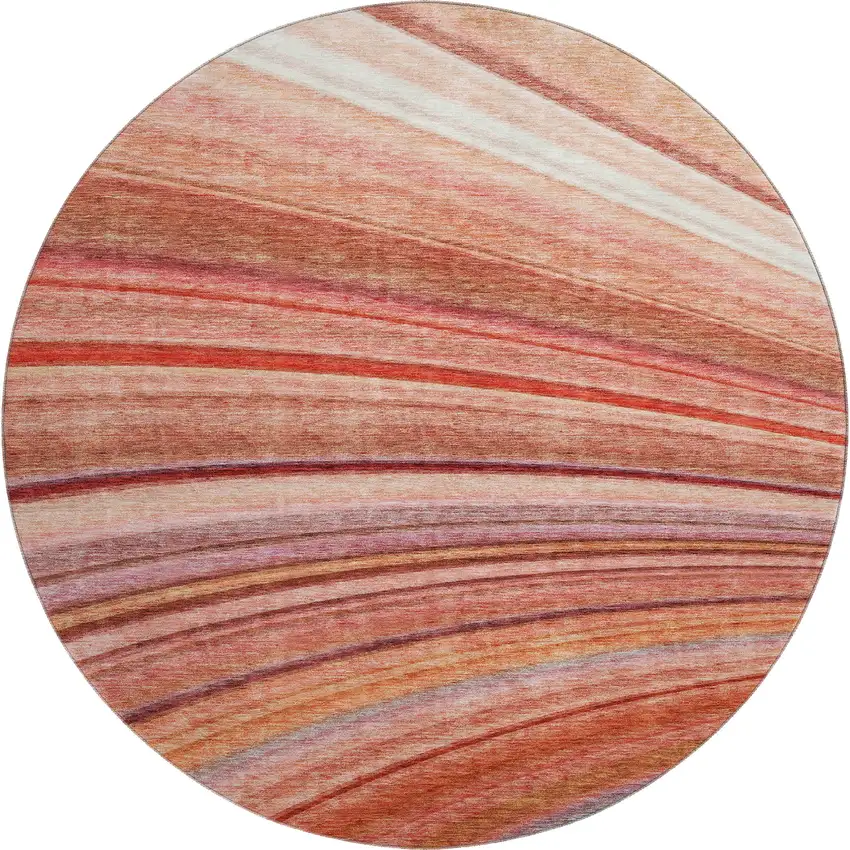 8' Terra Cotta Blue And Ivory Striped Washable Round Rug With UV Protection Photo 1