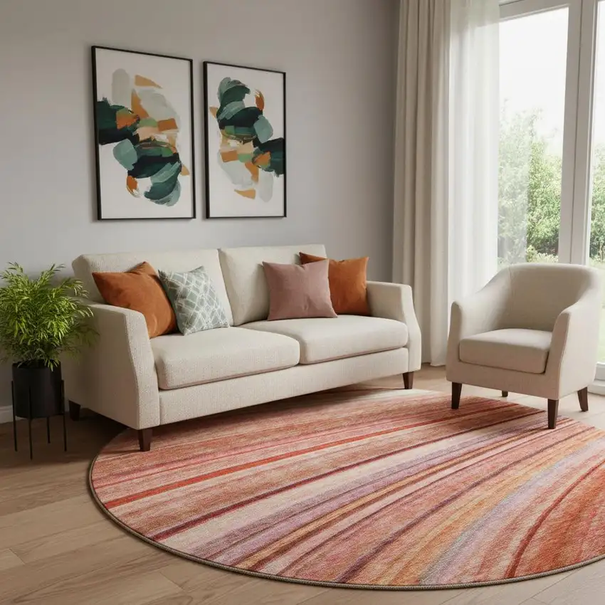 8' Terra Cotta Blue And Ivory Striped Washable Round Rug With UV Protection Photo 1