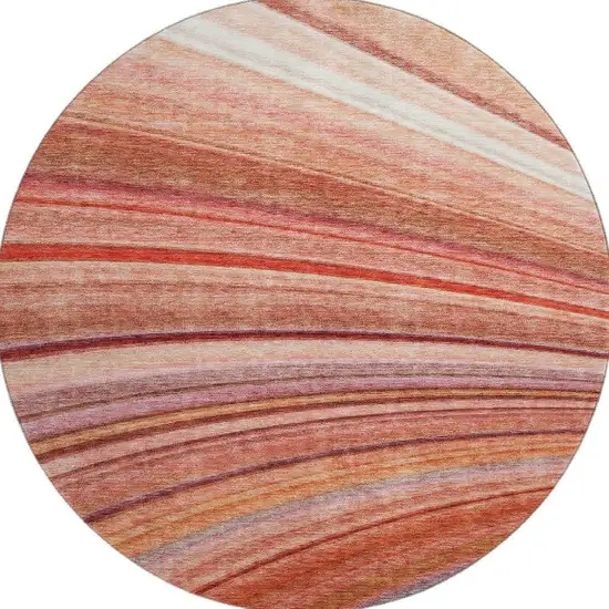 8' Terra Cotta Blue And Ivory Striped Washable Round Rug With UV Protection Photo 4