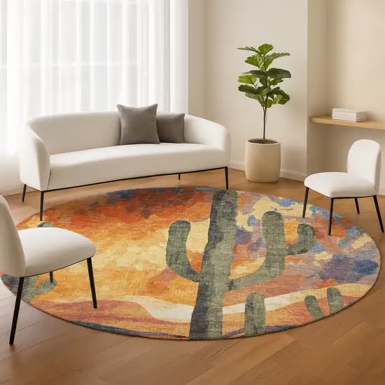 8' Terra Cotta Blue And Plum Round Cactus Washable Indoor Outdoor Area Rug Photo 9