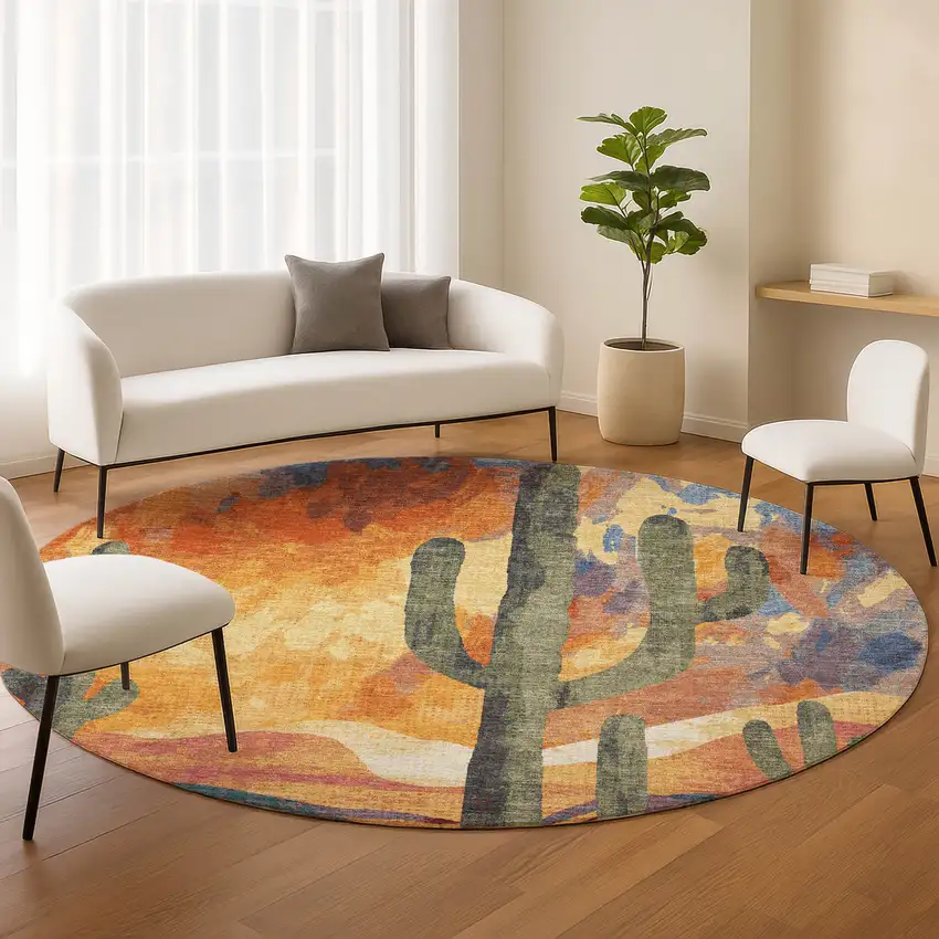 8' Terra Cotta Blue And Plum Round Cactus Washable Indoor Outdoor Area Rug Photo 9