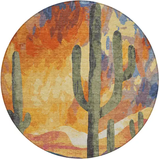 8' Terra Cotta Blue And Plum Round Botanical Leaves Washable Indoor Outdoor Area Rug Photo 2