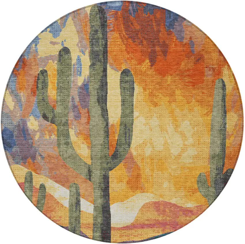 8' Terra Cotta Blue And Plum Round Botanical Leaves Washable Indoor Outdoor Area Rug Photo 5