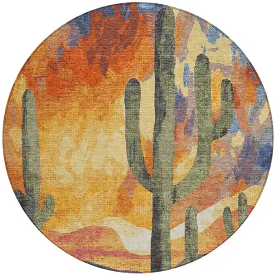 8' Terra Cotta Blue And Plum Round Botanical Leaves Washable Indoor Outdoor Area Rug Photo 4