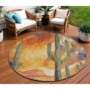 Photo of 8' Terra Cotta Blue And Plum Round Botanical Leaves Washable Indoor Outdoor Area Rug