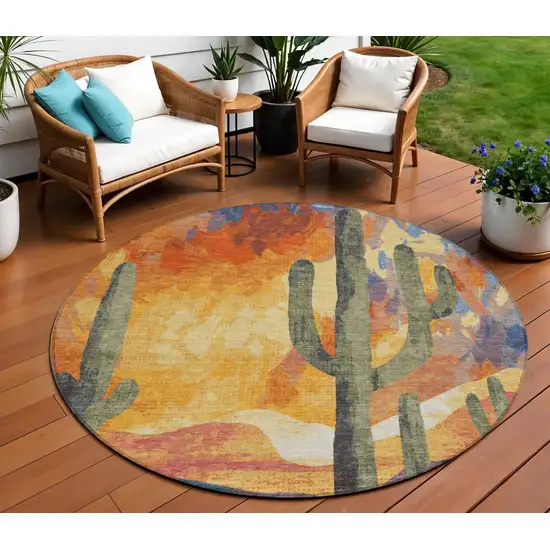 8' Terra Cotta Blue And Plum Round Botanical Leaves Washable Indoor Outdoor Area Rug Photo 1