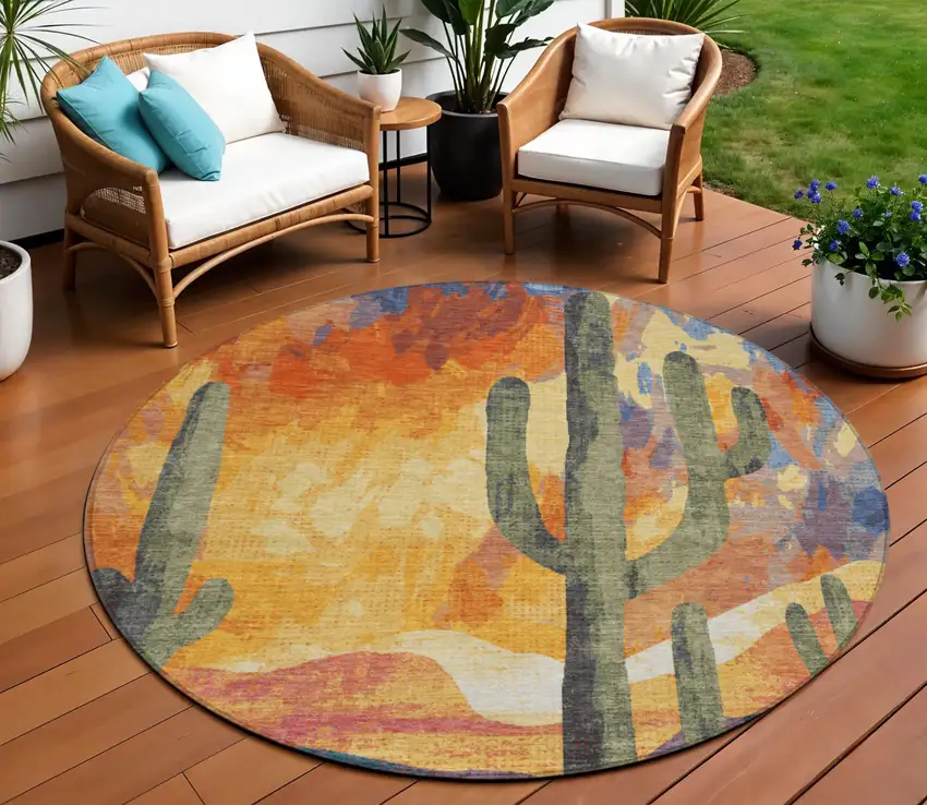 8' Terra Cotta Blue And Plum Round Botanical Leaves Washable Indoor Outdoor Area Rug Photo 1