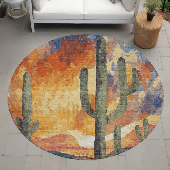 8' Terra Cotta Blue And Plum Round Botanical Leaves Washable Indoor Outdoor Area Rug Photo 9