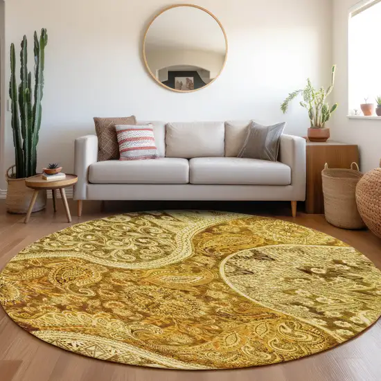 8' Terra Cotta Brown And Gold Round Floral Medallion Washable Indoor Outdoor Area Rug Photo 9