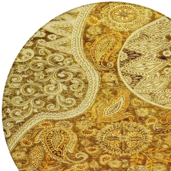 8' Terra Cotta Brown And Gold Round Floral Medallion Washable Indoor Outdoor Area Rug Photo 5
