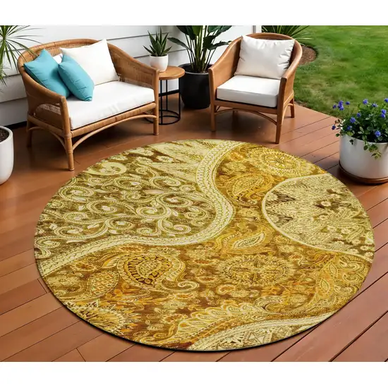 8' Terra Cotta Brown And Gold Round Floral Medallion Washable Indoor Outdoor Area Rug Photo 1