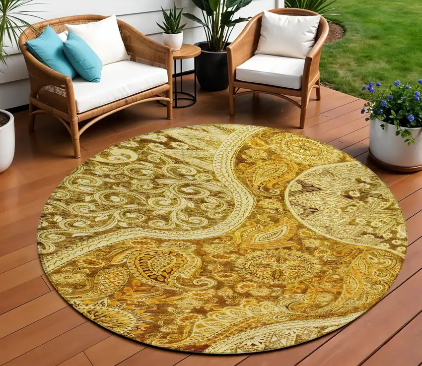 8' Terra Cotta Brown And Gold Round Floral Medallion Washable Indoor Outdoor Area Rug Photo 1
