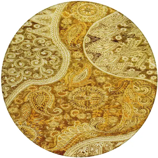 8' Terra Cotta Brown And Gold Round Floral Medallion Washable Indoor Outdoor Area Rug Photo 2