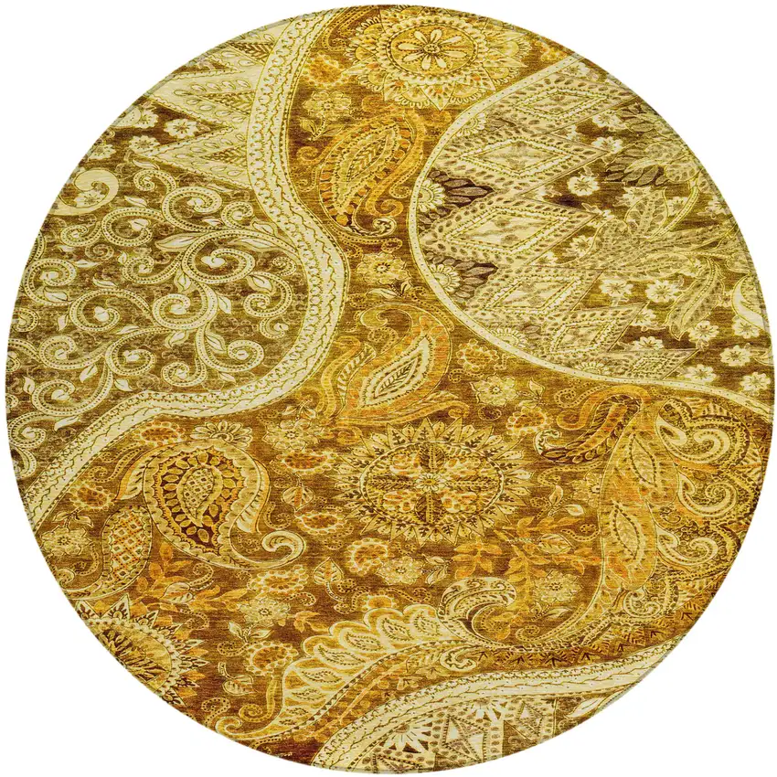 8' Terra Cotta Brown And Gold Round Floral Medallion Washable Indoor Outdoor Area Rug Photo 2