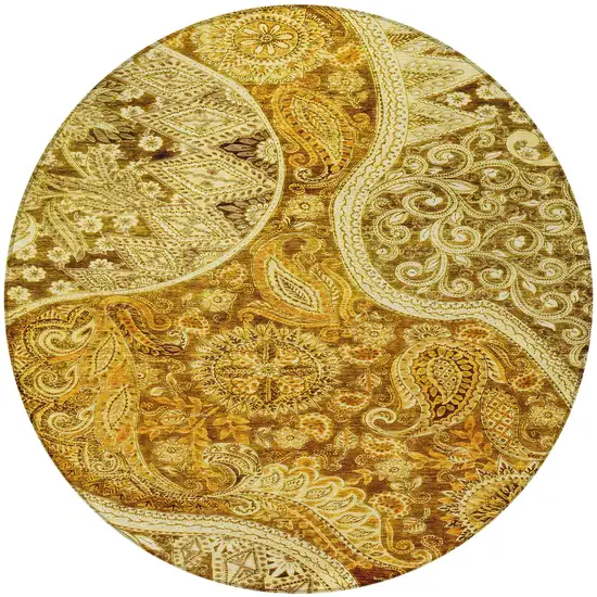 8' Terra Cotta Brown And Gold Round Floral Medallion Washable Indoor Outdoor Area Rug Photo 7