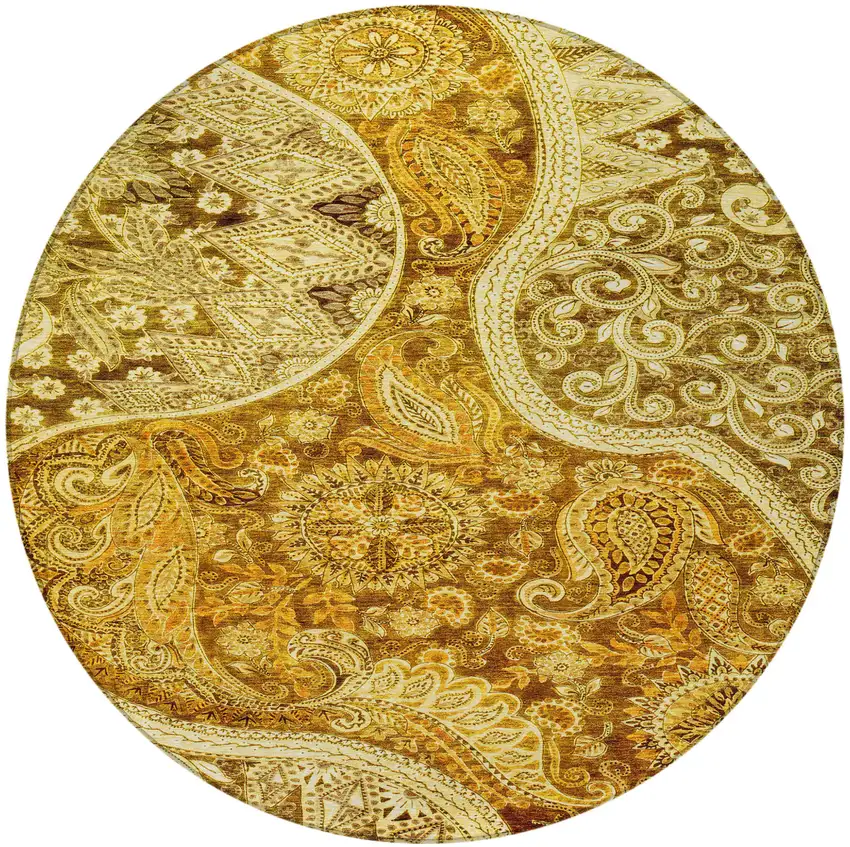 8' Terra Cotta Brown And Gold Round Floral Medallion Washable Indoor Outdoor Area Rug Photo 7