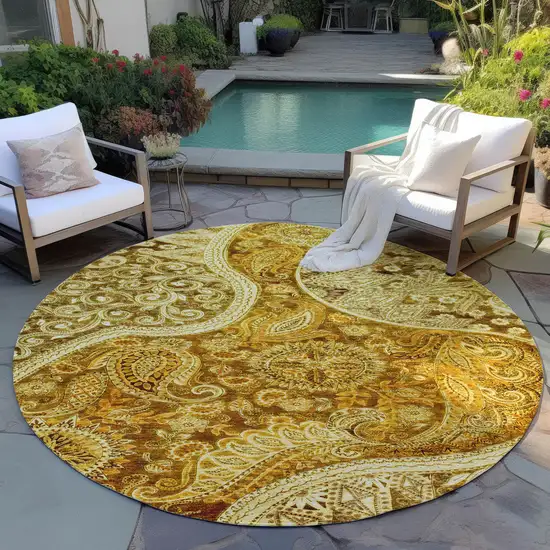 8' Terra Cotta Brown And Gold Round Floral Medallion Washable Indoor Outdoor Area Rug Photo 8