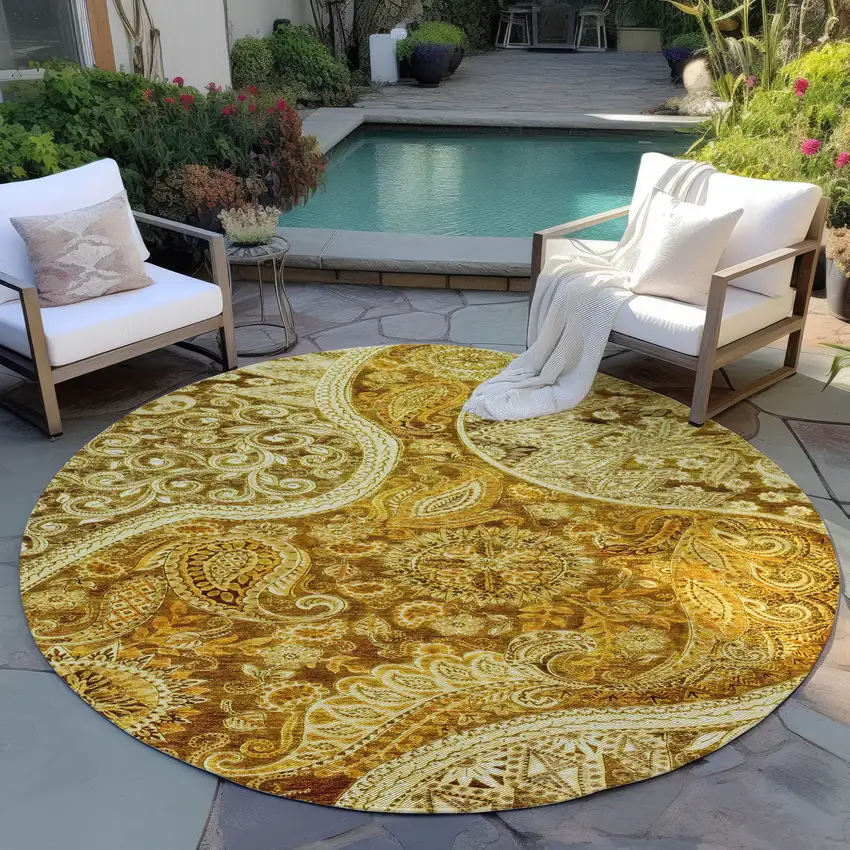8' Terra Cotta Brown And Gold Round Floral Medallion Washable Indoor Outdoor Area Rug Photo 8