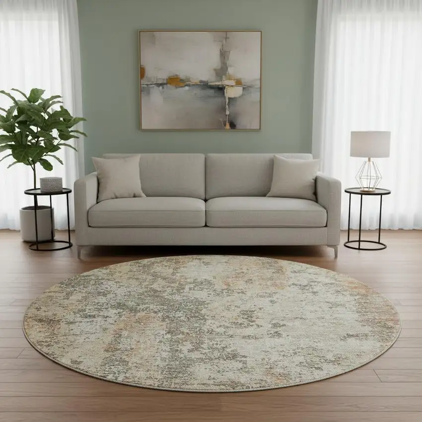 8' Terra Cotta Brown And Gray Abstract Washable Round Rug With UV Protection Photo 2