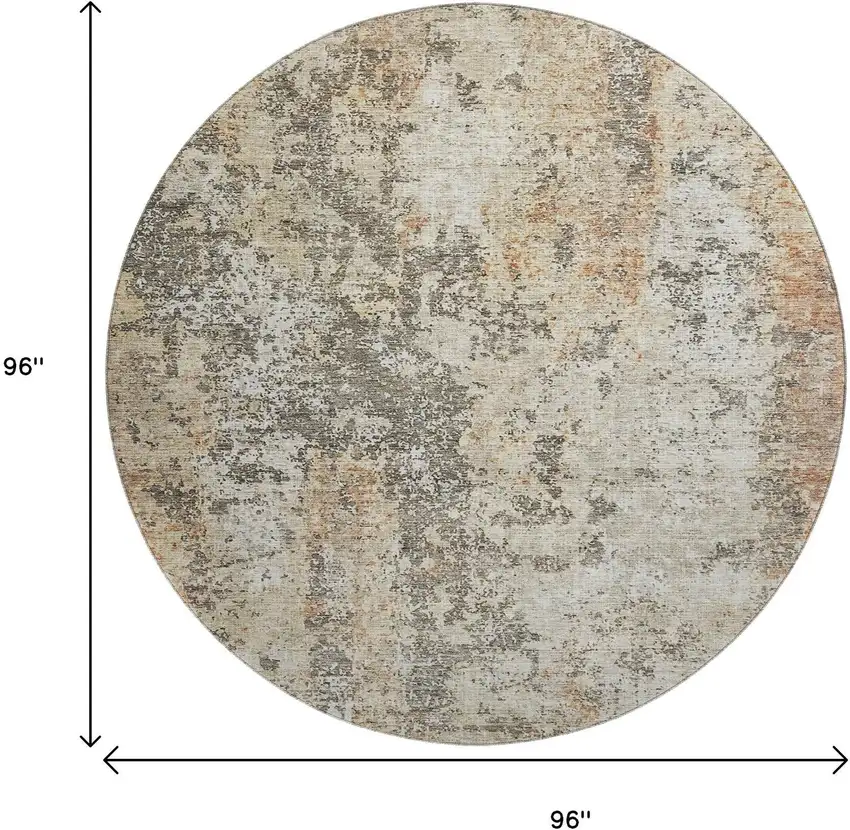 8' Terra Cotta Brown And Gray Abstract Washable Round Rug With UV Protection Photo 9
