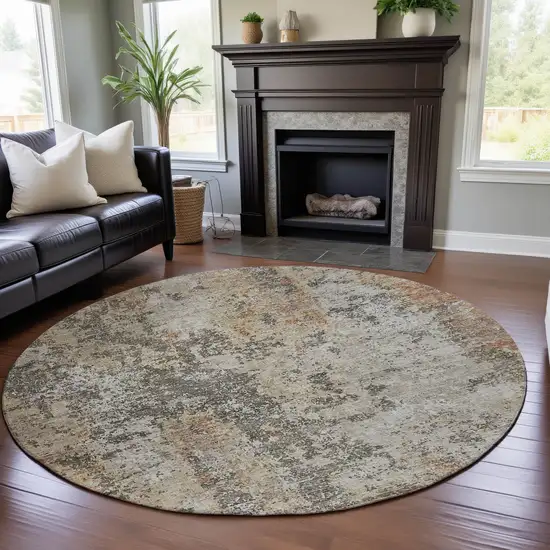 8' Terra Cotta Brown And Gray Abstract Washable Round Rug With UV Protection Photo 4