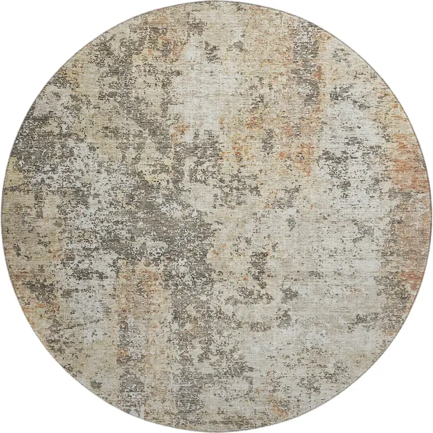 8' Terra Cotta Brown And Gray Abstract Washable Round Rug With UV Protection Photo 1