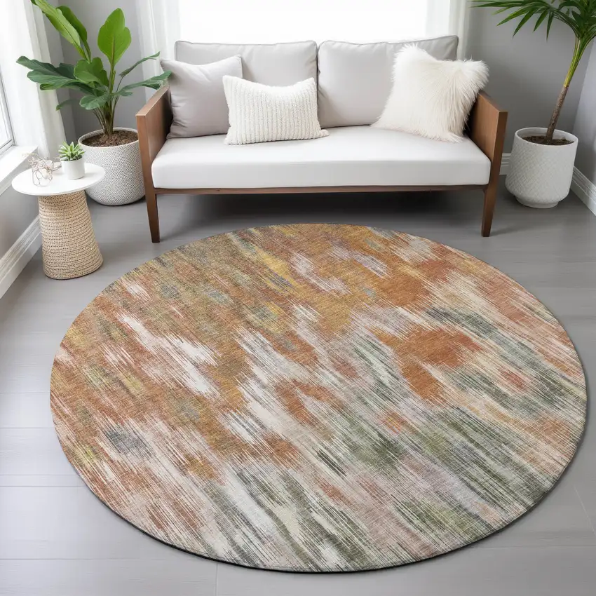 8' Terra Cotta Brown And Ivory Round Abstract Washable Indoor Outdoor Area Rug Photo 7
