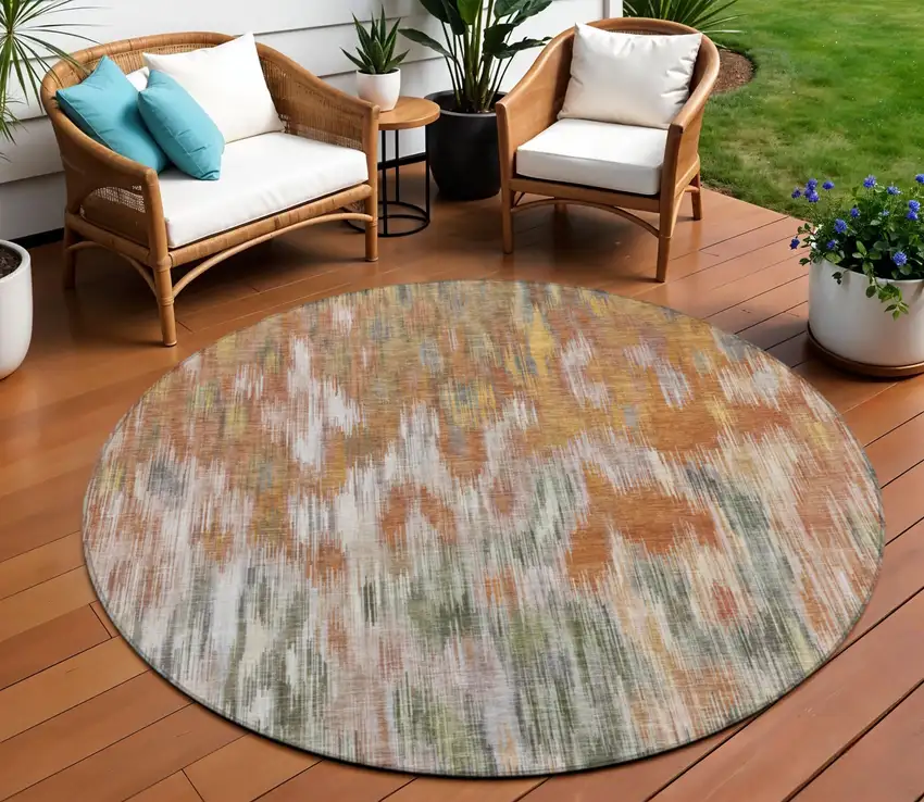 8' Terra Cotta Brown And Ivory Round Abstract Washable Indoor Outdoor Area Rug Photo 2