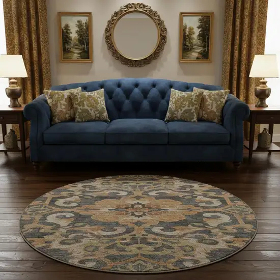 8' Terra Cotta Charcoal And Beige Floral Medallion Washable Round Rug With UV Protection Photo 2
