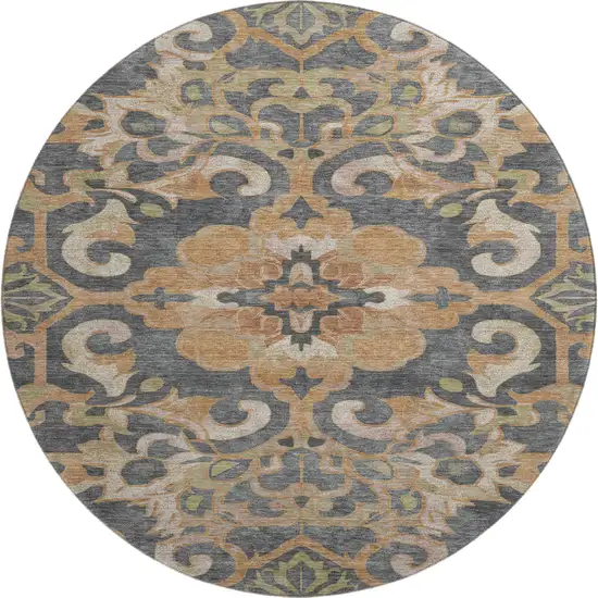 8' Terra Cotta Charcoal And Beige Floral Medallion Washable Round Rug With UV Protection Photo 1