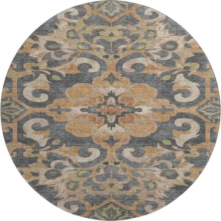 8' Terra Cotta Charcoal And Beige Floral Medallion Washable Round Rug With UV Protection Photo 1