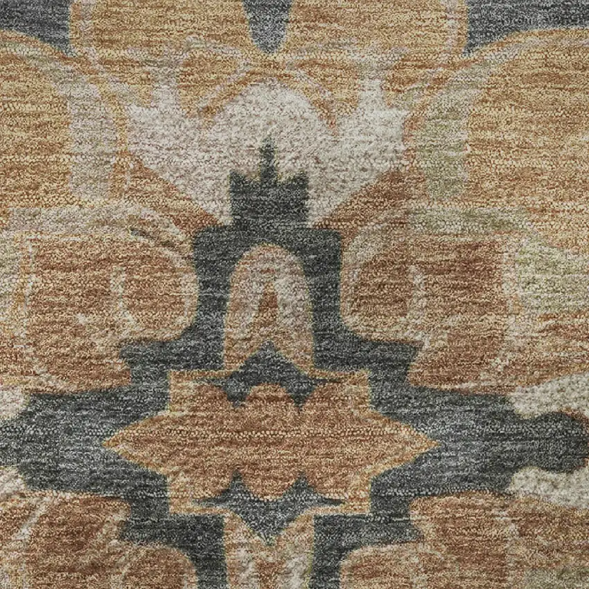 8' Terra Cotta Charcoal And Beige Floral Medallion Washable Round Rug With UV Protection Photo 9