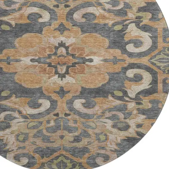 8' Terra Cotta Charcoal And Beige Floral Medallion Washable Round Rug With UV Protection Photo 3