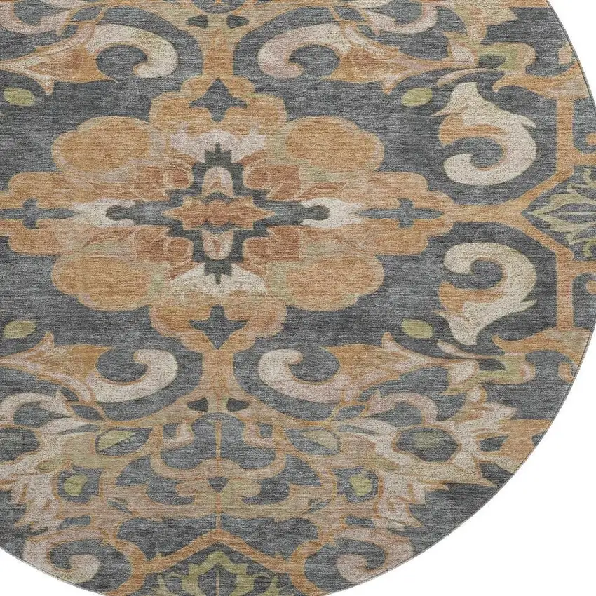 8' Terra Cotta Charcoal And Beige Floral Medallion Washable Round Rug With UV Protection Photo 3