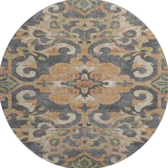 8' Terra Cotta Charcoal And Beige Floral Medallion Washable Round Rug With UV Protection Photo 4