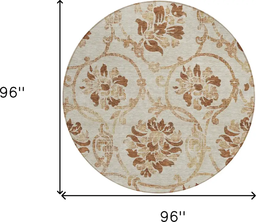 8' Terra Cotta Copper And Beige Round Floral Washable Indoor Outdoor Area Rug Photo 7